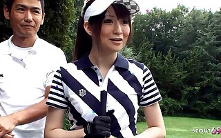 Teacher and other Guys talk Japanese Teen everywhere Blowbang at Golf Lesson