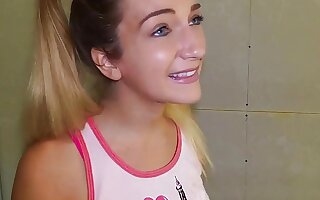 Slutty stepteen POV drilled in ladies' room by perv stepdaddy